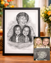 Load image into Gallery viewer, Framed black and white portrait of a woman with two children on a wooden surface.