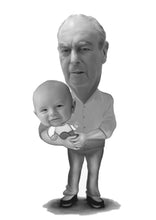 Load image into Gallery viewer, Black and white caricature - Grandad holding child - Black & white portrait - drawings and portraits from your photos - drawking.com - DrawKing