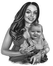 Load image into Gallery viewer, Black and white portrait - Mother and child drawn together smiling   - Black & white portrait - drawings and portraits from your photos - drawking.com - DrawKing