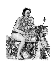 Load image into Gallery viewer, Black and white portrait with a large object - Woman and child drawn on motorbike - drawings and portraits from your photos - drawking.com - Drawking