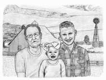 Load image into Gallery viewer, Black and white portrait with background -Daughter drawn with dad and grandpa with farm scene - Black & white portrait - drawings and portraits from your photos - drawking.com - DrawKing