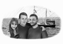 Load image into Gallery viewer, Black and white portrait with background -Men and woman drawn with boat and sea background - Black & white portrait - drawings and portraits from your photos - drawking.com - DrawKing