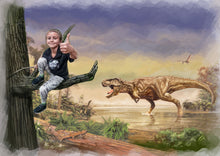 Load image into Gallery viewer, Color portrait with background - Boy in jungle theme with dinosaur - colour portrait - drawings and portraits from your photos - drawking.com - DrawKing