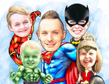 Load image into Gallery viewer, Colour drawing as a character - Family as different  superhero's - drawings and portraits from your photos -  drawking.com - DrawKing