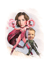 Load image into Gallery viewer, Colour drawing as a character - Mum and son as superheros - drawings and portraits from your photos -  - drawking.com - DrawKing