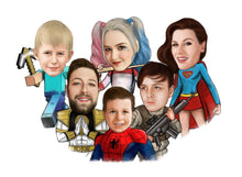 Load image into Gallery viewer, Colour drawing as a character - family drawn as different marvel , minecraft ,  DC characters - drawings and portraits from your photos - drawking.com - DrawKing