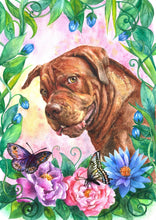 Load image into Gallery viewer, Colour pet portrait - Dog drawn with flowers and butterfly's - Color drawing -drawings and portraits from your photos - drawking.com - Drawking
