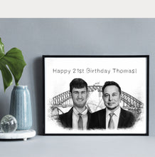 Load image into Gallery viewer, Black & White Portrait with a character (with a drawn background)