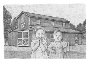 Black and white portrait of large object - Children drawn with house - drawings and portraits from your photos - drawking.com - DrawKing