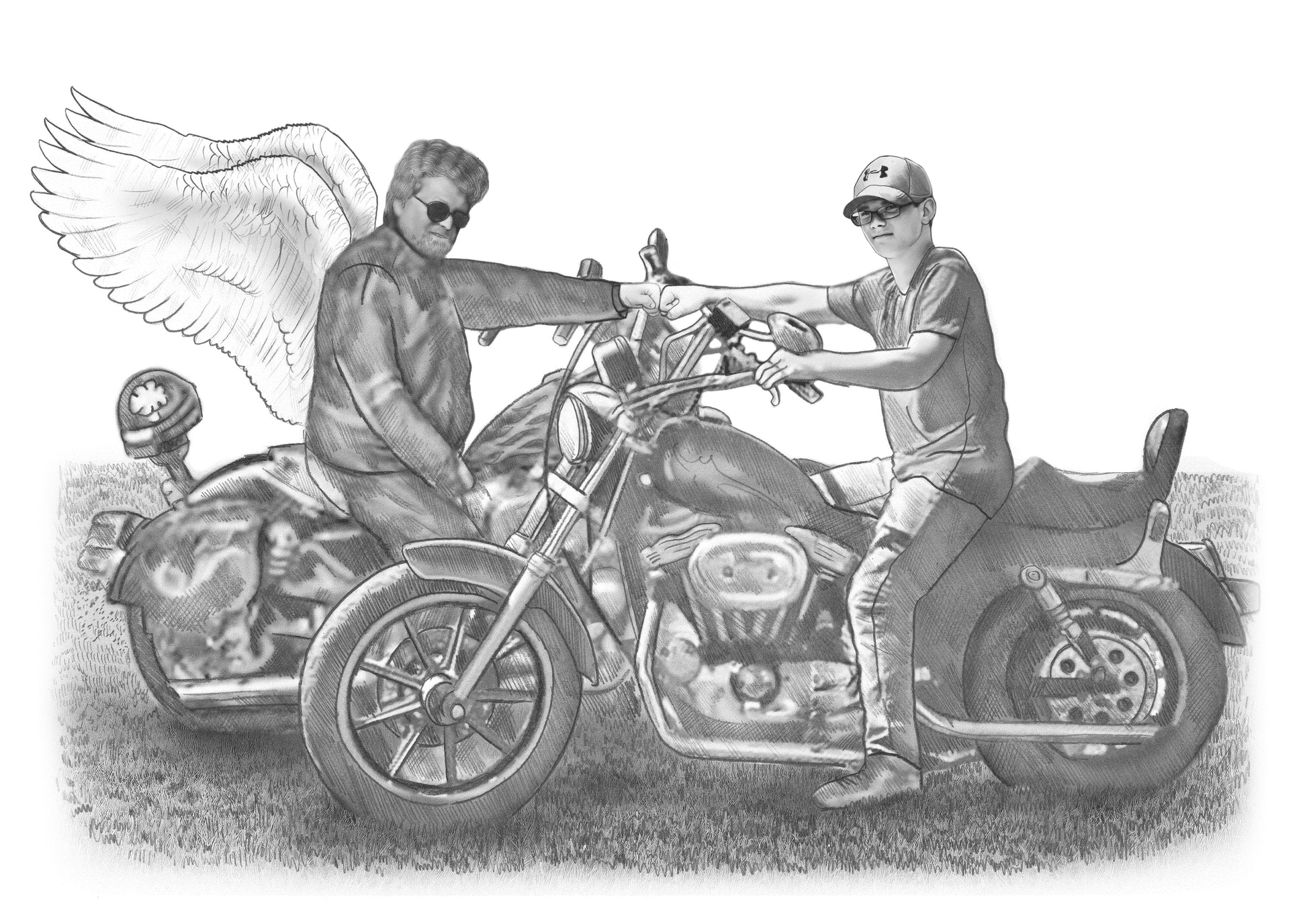 Black and white portrait with a large object - Man with wings and boy on motorcycle  - drawings and portraits from your photos - drawking.com - Drawking