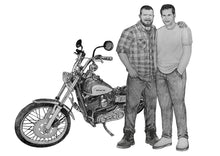 Load image into Gallery viewer, Black and white portrait with a large object - Men with motorbike - Black &amp; white portrait - drawings and portraits from your photos - drawking.com - Drawking
