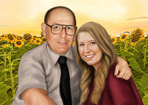 Color portrait with background - Man and woman drawn in field of sunflowers - colour portrait - drawings and portraits from your photos - drawking.com - DrawKing
