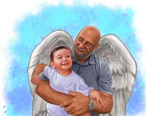 Color portrait with pattern background - Boy and grandad drawn with angel wings - colour portrait - drawings and portraits from your photos - drawking.com - DrawKing