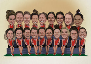 Colour caricature with pattern background - Womens sports team drawn together - drawings and portraits from your photos - drawking.com - DrawKing