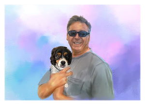 Colour pet portrait with pattern background - Man drawn holding dog - drawings and portraits from your photos - drawking.com - Drawking