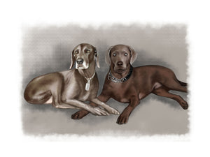 Colour pet portrait with pattern background - Two dogs drawn - drawings and portraits from your photos - drawking.com - Drawking
